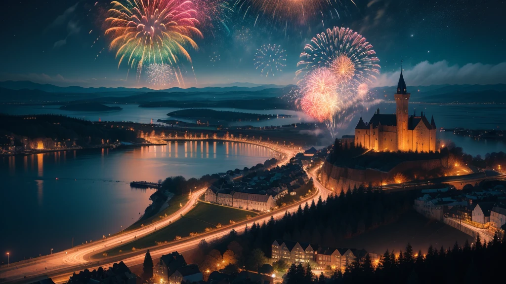 (Late Night，Aerial view of the earth，Fireworks show)，Town Lights，Medieval Town，City Wall，castle，Pitch black