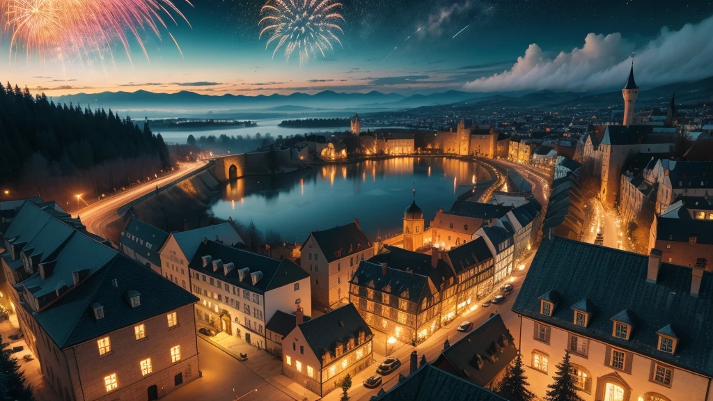 (Late Night,Aerial view of the earth,Fireworks show),Town Lights,Medieval Town,City Wall,castle,Pitch black