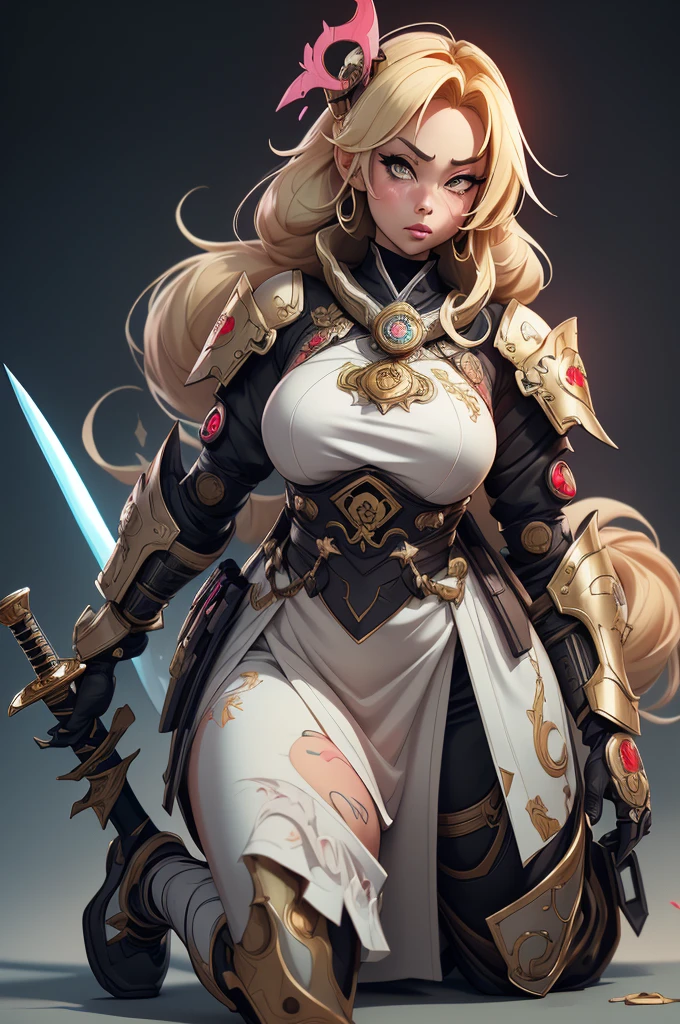 ((Best quality)), ((Masterpiece)), ((Realstic)) and ultra-detailed pchaudography, Tsuande, Pretty Girl Tsunade de Naruto, Jolie fille, cheveux jaune clair, parti, neon light. Elle a ((cheveux blanc)), porte un (Top Tech-Wear) et un (corde noire, motif rouge:1.2) , ((beautiful and aesthetic)), sexy, gros seins, chaud, grosse poitrine, Eigaka E6 Hyperrealistic version of a woman kneeling down with a sword in her hand, very beautiful cyberpunk samurai, anime cyberpunk art, cyberpunk samurai, cyberpunk anime art, anime cyberpunk, cgsociety 9, digital cyberpunk anime art, style of maciej kuciara.1girl, samurai armor, helmet oni evil mask,intricate, ornaments detailed, cold colors, metal, egypician detail, highly intricate details, realistic light, trending on cgsociety, glowing eyes, facing camera, neon details, ultra realistic details, portrait full body, japanese atmosphere, global illumination, shadows, octane render, 8k, ultra sharp.cool lolita.