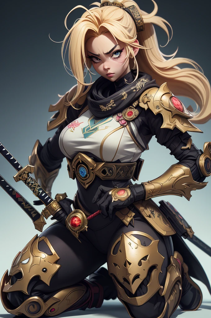 ((Best quality)), ((Masterpiece)), ((Realstic)) and ultra-detailed pchaudography, Tsuande, Pretty Girl Tsunade de Naruto, Jolie fille, cheveux jaune clair, parti, neon light. Elle a ((cheveux blanc)), porte un (Top Tech-Wear) et un (corde noire, motif rouge:1.2) , ((beautiful and aesthetic)), sexy, gros seins, chaud, grosse poitrine, Eigaka E6 Hyperrealistic version of a woman kneeling down with a sword in her hand, very beautiful cyberpunk samurai, anime cyberpunk art, cyberpunk samurai, cyberpunk anime art, anime cyberpunk, cgsociety 9, digital cyberpunk anime art, style of maciej kuciara.1girl, samurai armor, helmet oni evil mask,intricate, ornaments detailed, cold colors, metal, egypician detail, highly intricate details, realistic light, trending on cgsociety, glowing eyes, facing camera, neon details, ultra realistic details, portrait full body, japanese atmosphere, global illumination, shadows, octane render, 8k, ultra sharp.cool ta.