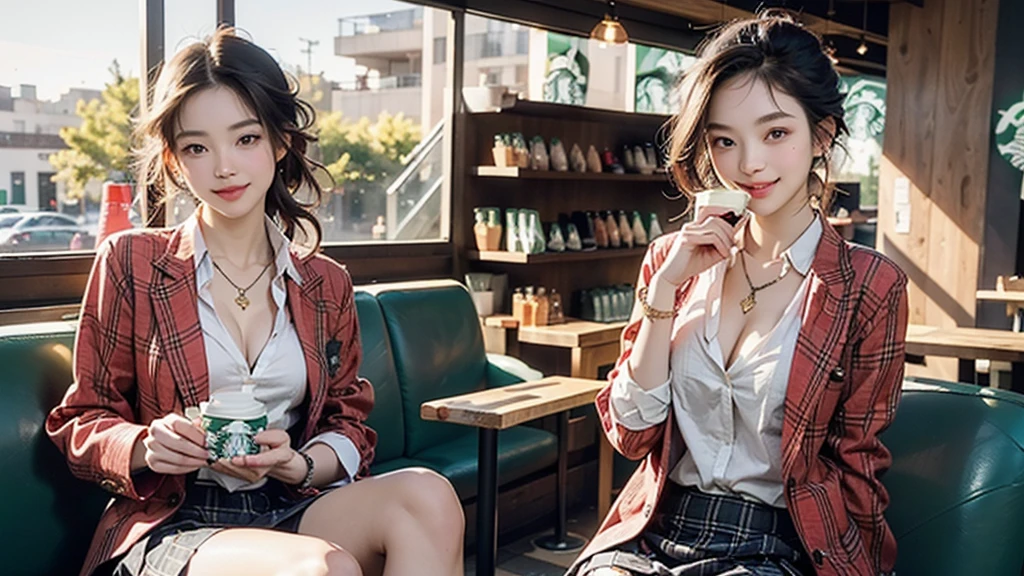 8K、RAW Photos、Highest quality、Super detailed、Super Resolution、Ultra HD、8K壁紙、Amazing details blazer uniform girl ((White blouse with formal collar, A nice red blazer, Black plaid skirt, Red checkered ribbon on blouse)), Complete limbs, Full Finger, 
((((Inside the Starbucks store))))、16 year old female student、(((Eat cake、Drink coffee、smile)))、Heart Necklace、Gold bracelet
((Emphasize cleavage))
((((Woman sitting at the window seat))))
