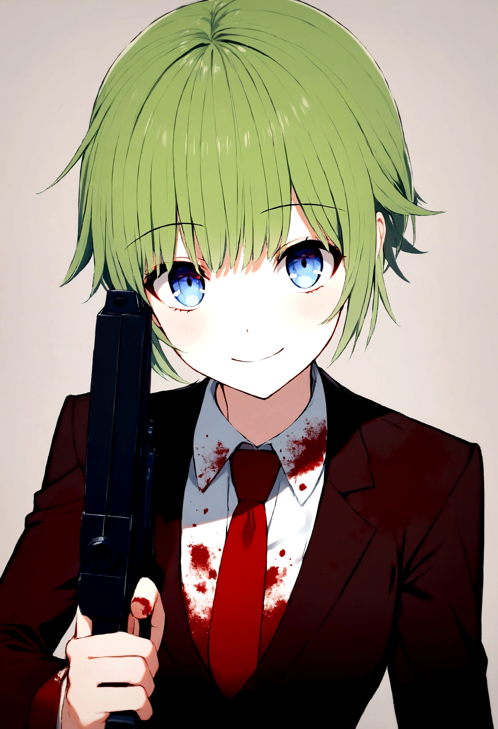 1 girl, short light green hair, light blue eyes, smiling, yandere look, holding a gun, blood on clothes, wearing suit with red tie