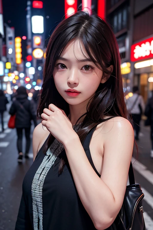 One girl, Tokyo Street,night, Cityscape,City lights, Upper Body,close, 8K, RAW Photos, Highest quality, masterpiece,Realistic, photo-Realistic,