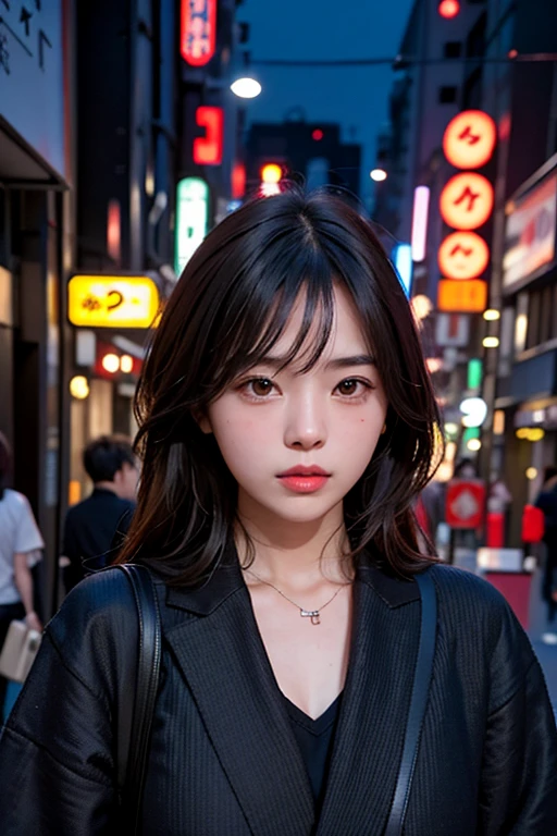 One girl, Tokyo Street,night, Cityscape,City lights, Upper Body,close, 8K, RAW Photos, Highest quality, masterpiece,Realistic, photo-Realistic,