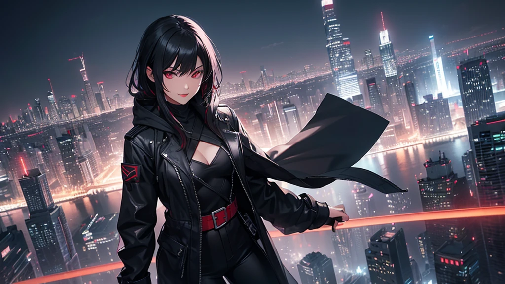 最high resolution,high resolution,Legendary Assassin, Beautiful Teenage Woman,Small breasts,black hooded coat , Grey Shirt,Black pants,Fearless smile, Red lips, Black Hair, Red eyes, realism, Night city view from the top of a skyscraper,Neon Town,Digital Painting, Concept Art, Smooth, Sharp focus, Three-part method, Style Psycho,Detailed Eyes,assassin&#39;s creed