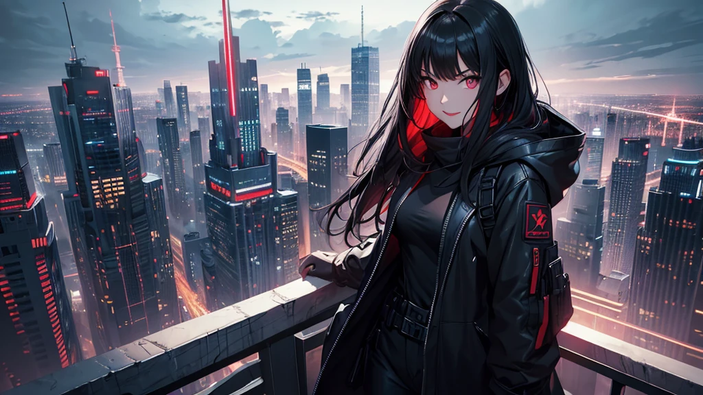 最high resolution,high resolution,Legendary Assassin, Beautiful Teenage Woman,Small breasts,black hooded coat , Grey Shirt,Black pants,Fearless smile, Red lips, Black Hair, Red eyes, realism, Night city view from the top of a skyscraper,Neon Town,Digital Painting, Concept Art, Smooth, Sharp focus, Three-part method, Style Psycho,Detailed Eyes,assassin&#39;s creed