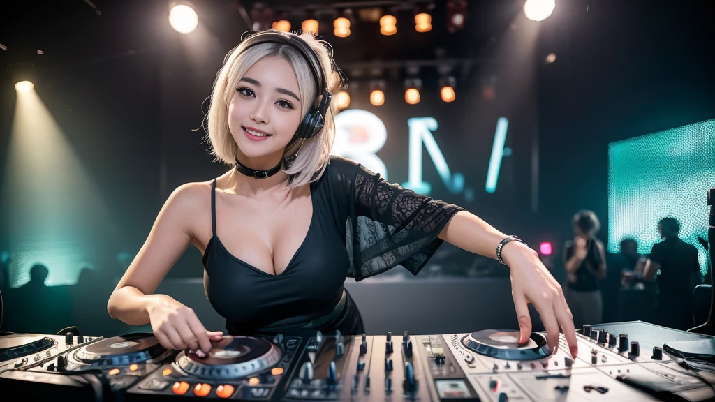 (ultra - detailed, 16K resolution, Cinema lenses, rendering by octane), (high resolution:1.18), intricate detail, (masterpiece:1.1), (highest quality:1.1), (1girl, portrait, white hair, blue eyes, short hair, detailed eyes),Wearing silver DJ headphones, 1 malay-Indonesian girl, modern plain hot deep neck top and dupatta, shy, medium portrait, watery eyes, wearing blue dark green kebaya, ((big breasts)), black bokeh background, well-proportioned body,, chubby massive thighs, full body pose, Hena art on the body, hena art on arms, full body view , wearing red sneakers , Smile while DJing on stage, full body shot of, The spotlight shines on the female DJ. Photorealistic photography by Disco Lighting, (cute round face:1.3),big breast, bigtit,perfect fingers, five fingers, beautiful hands, perfect hands. master peace, cute smile.