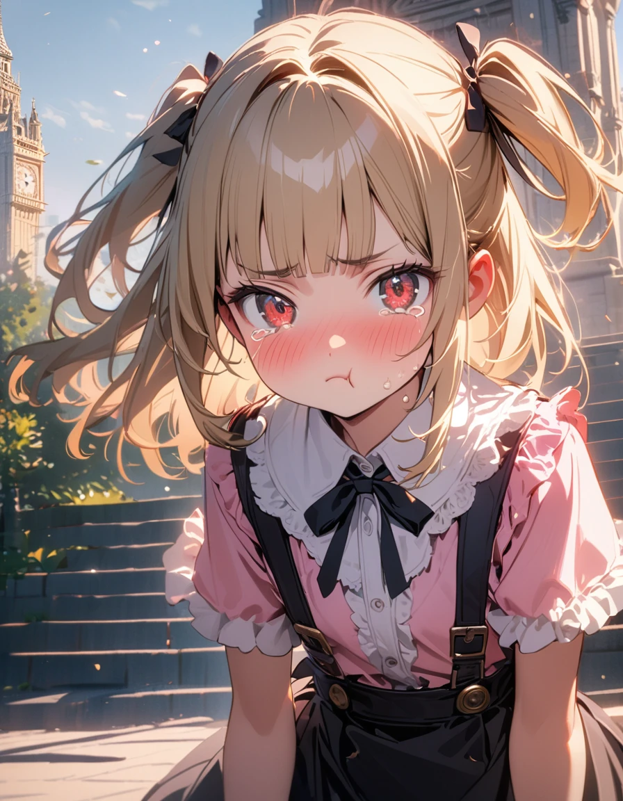 (8K, best quality, master piece: 1.2), super high resolution,1 girl,solo,16yo,ultra-detailed face,detailed eyes,blonde,two side up,red eyes,blunt bangs,((pout)),(tearful),blush,white fasciator,short sleeves frilled pink blouse,blachk suspender skirt,upper body,Standing in front of the clock tower,rim light,Park