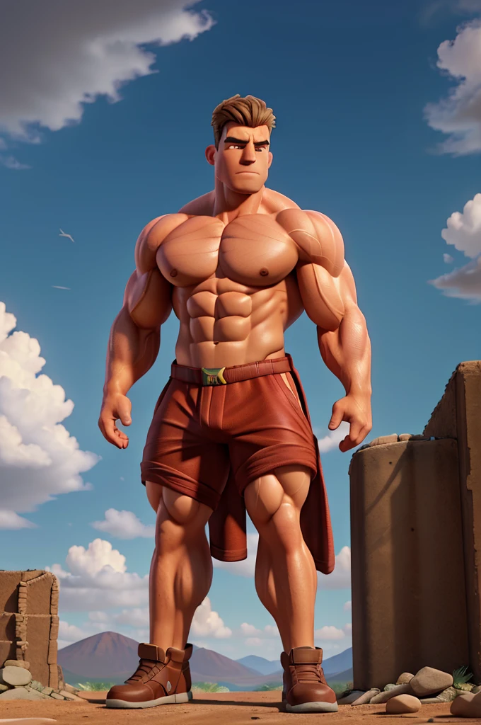 a giant muscular duck with bulging muscles, hyper-realistic, highly detailed, 8k, photorealistic, cinematic lighting, dramatic angles, sharp focus, vivid colors, dramatic, epic, heroic, powerful, masculine, muscular body, huge pectoral muscles, ripped abs, thick arms, bulging veins, intense expression, determined look, wearing a red pilot's uniform, standing on a massive launchpad, dramatic clouds in the background, cinematic composition