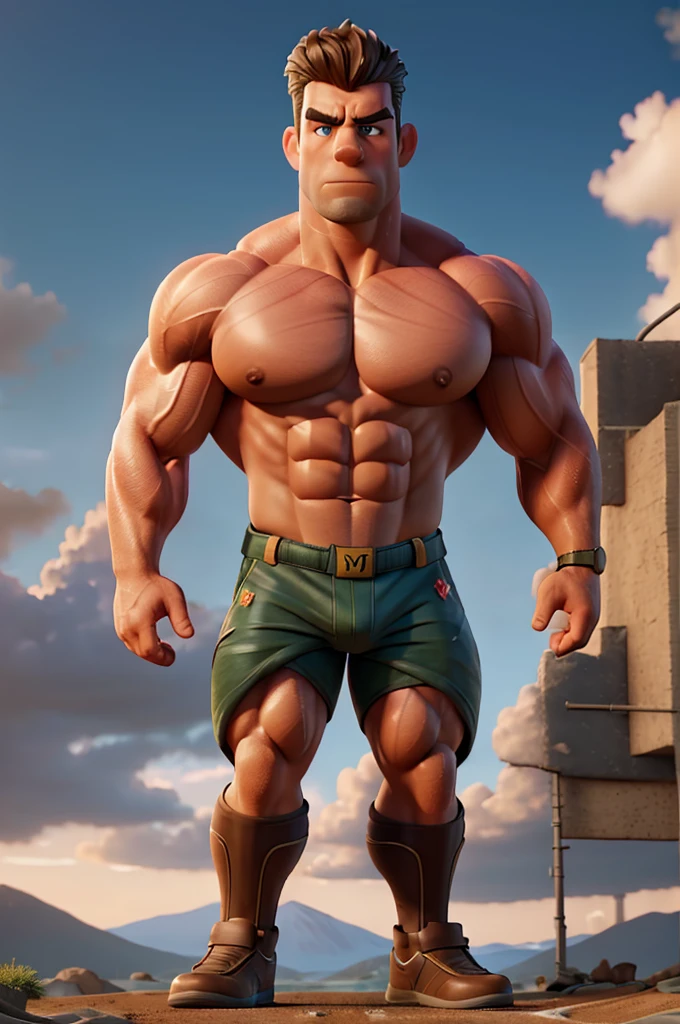 a giant muscular duck with bulging muscles, hyper-realistic, highly detailed, 8k, photorealistic, cinematic lighting, dramatic angles, sharp focus, vivid colors, dramatic, epic, heroic, powerful, masculine, muscular body, huge pectoral muscles, ripped abs, thick arms, bulging veins, intense expression, determined look, wearing a red pilot's uniform, standing on a massive launchpad, dramatic clouds in the background, cinematic composition