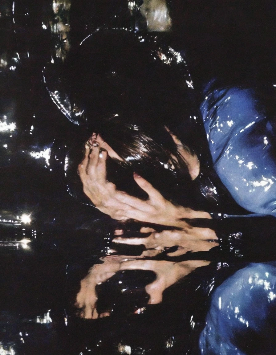 vintage 90s fashion shoot, young female fashion model glitching in black water reflections