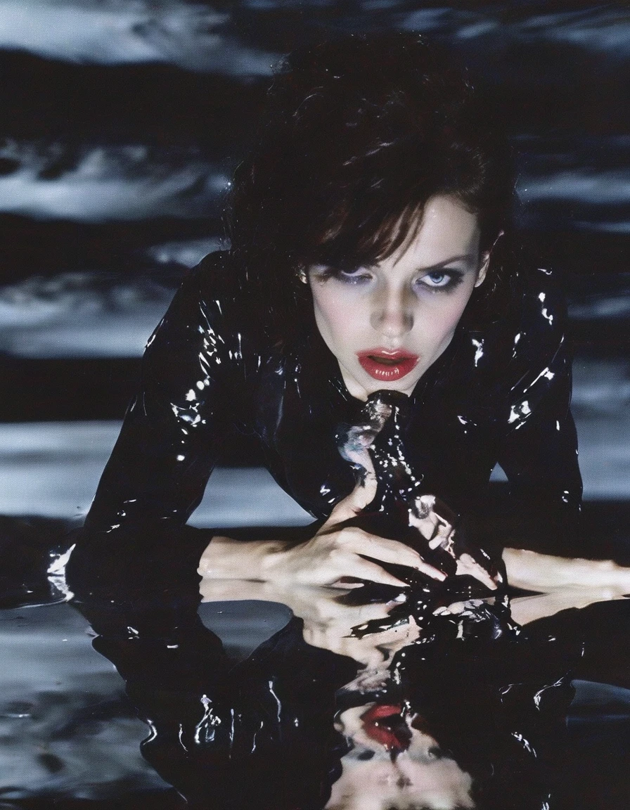 vintage 90s fashion shoot, young female fashion model glitching in black water reflections