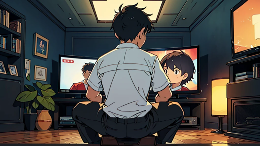 Draw an image showing a young boy, aged between 5 and 8 years, watching TV from behind. The composition should be a backshot, showing the boy from the back, seated while watching a TV that faces the viewer. The scene should be set in a living room. The lighting should be dark, with the TV being the main focus, emitting light