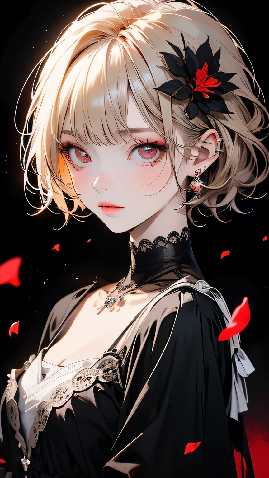 ((masterpiece,Highest quality)),One girl,Beautiful attention to detail, Detailed face, (whole body:1.2), White short hair, Red eyes,Mid-chest, (Black background:1.2), petal, Shadowed face,
