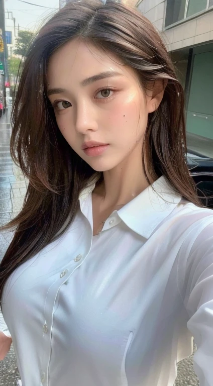 ((Highest quality, 8K, masterpiece: 1.3)), sharp: 1.2, Perfect Body Beauty: 1.4, Slim Abs: 1.2, ((Layered Hairstyles, Big Breasts: 1.2)), (Wet White Button Long Shirt: 1.1), (rain, street: 1.2), Wet: 1.5, Highly detailed face and skin texture, Fine grain, double eyelid, Staring at the camera from the front