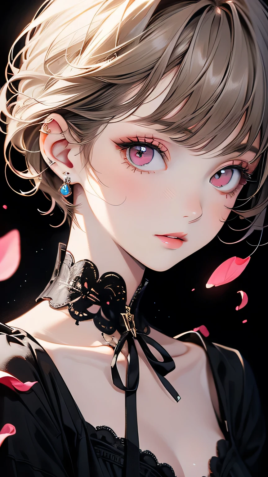((masterpiece,Highest quality)),One girl,Beautiful attention to detail, Detailed face, (whole body:1.2), White short hair, Red eyes,Mid-chest, (Black background:1.2), petal, Shadowed face, 