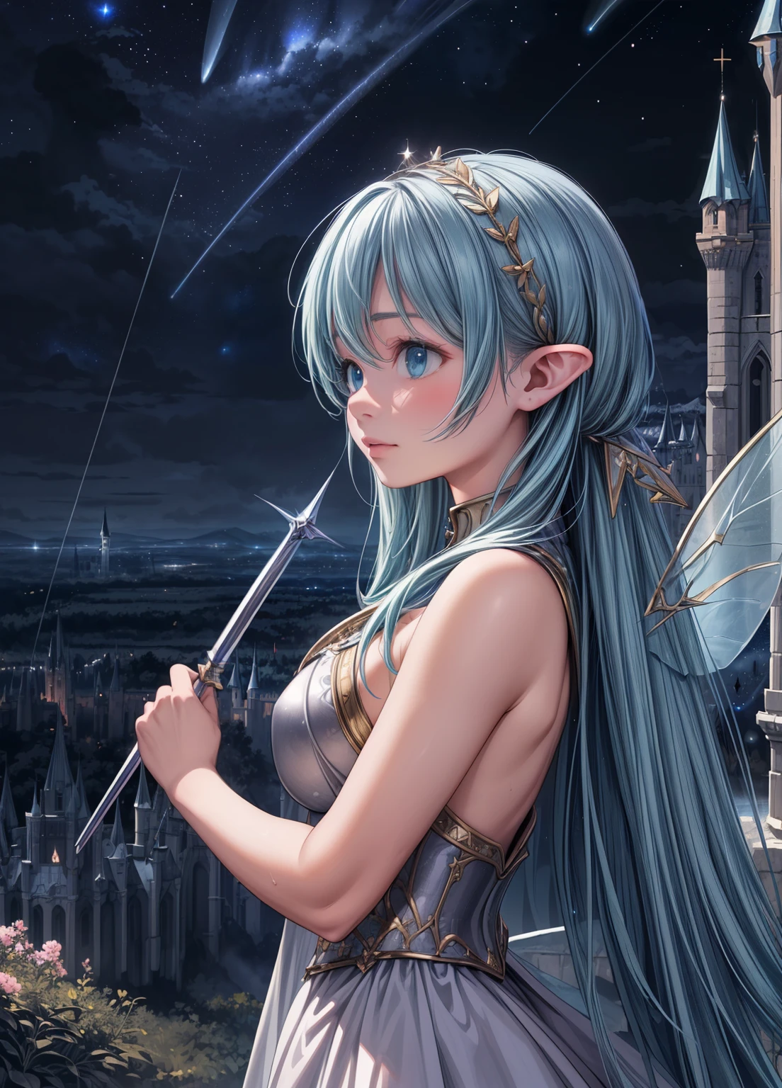 (masterpiece、Highest quality、Highest quality、Official Art、Beautiful and beautiful:1.2)、(One girl:1.3)Hatsune Miku、Twin tails,Beautiful breasts,(masterpiece, Highest quality:1.3), lease, Seiken Densetsu 3, 1 Girl, (Upper Body:1.3), (View your viewers:1.3), (With a long spear, in a fighting pose:1.3), (Cinema Lighting, fairy tale, Realistic, dream-like, Enchanting atmosphere:1.5), (A fantastic and beautiful night sky, Medieval battlefield in front of a fantasy castle:1.5),