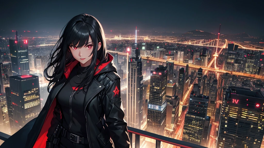 最high resolution,high resolution,Legendary Assassin, Beautiful Teenage Woman,Small breasts,black hooded coat , Grey Shirt,Black pants,Fearless smile, Red lips, Black Hair, Red eyes, realism, Night city view from the top of a skyscraper,Neon Town,Digital Painting, Concept Art, Smooth, Sharp focus, Three-part method, Style Psycho,Detailed Eyes,assassin&#39;s creed