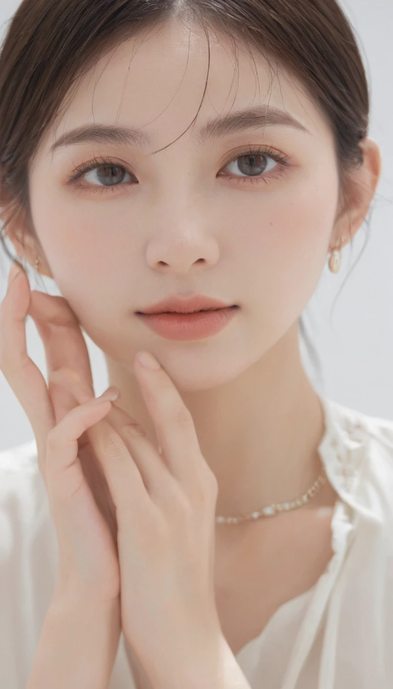 xxmixgirl, Analog Style, Eye focus, Highest quality, (Very detailed skin), Exquisitely beautiful white skin photos, 21 years old, Perfect Face, Captivating eyes, (Seductive makeup: 1.3), Skin pores, (Bokeh:1.5), Sharp focus, Dappled Lighting, (Backlight), Film Grain, (Very detailed, Exquisitely crafted), 8K, High resolution, Front view, Studio Light, Very detailed顔, Fine grain, (double eyelid: 1.4), Aristogle, Brown eyes, (commercial: 1.6), (Natural Makeup), ((White studio background: 2))、Summery white fashion、
(((Remove the hand))), (((Hand Removal))), (((Manual deletion))), (((hand exclusion)))