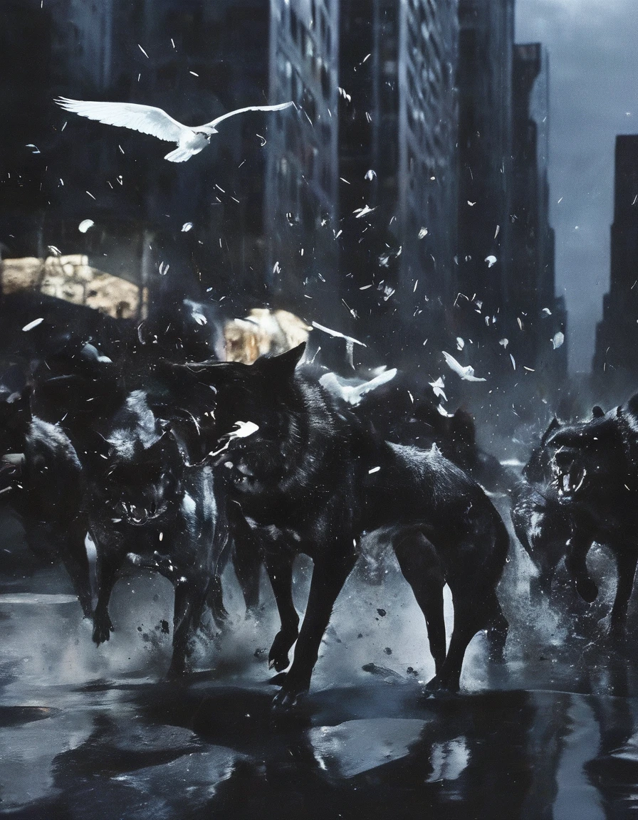 beautiful angels and black wolves flying in new york street at night, night city background