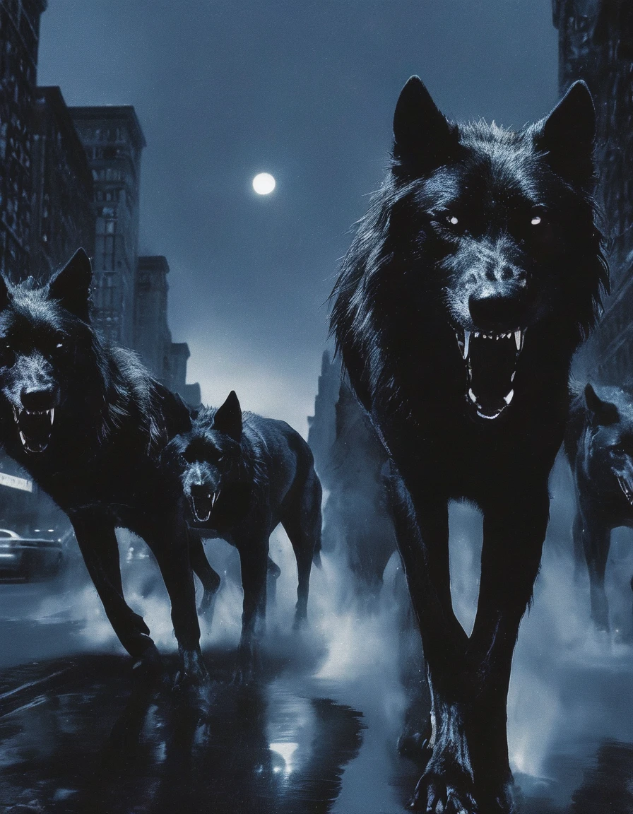beautiful angels and black wolves flying in new york street at night, night city background