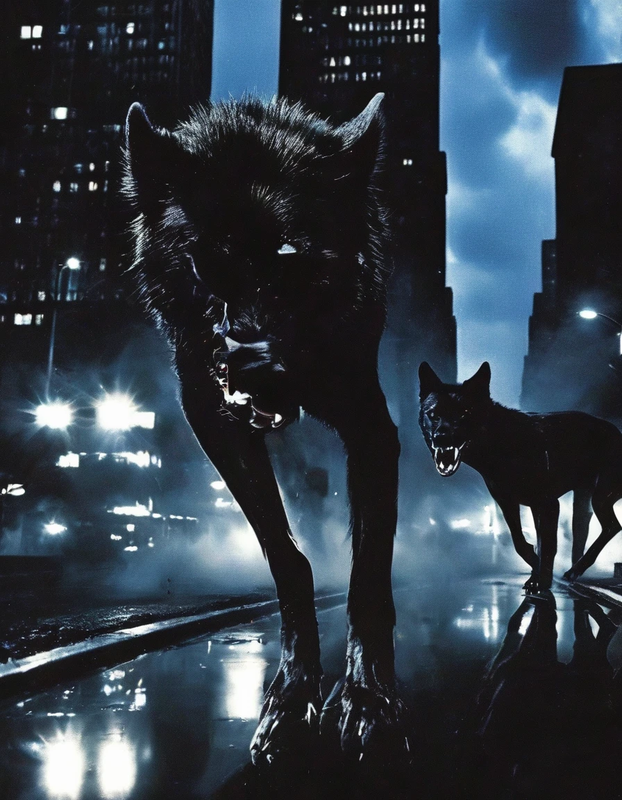 beautiful angels and black wolves flying in new york street at night, night city background