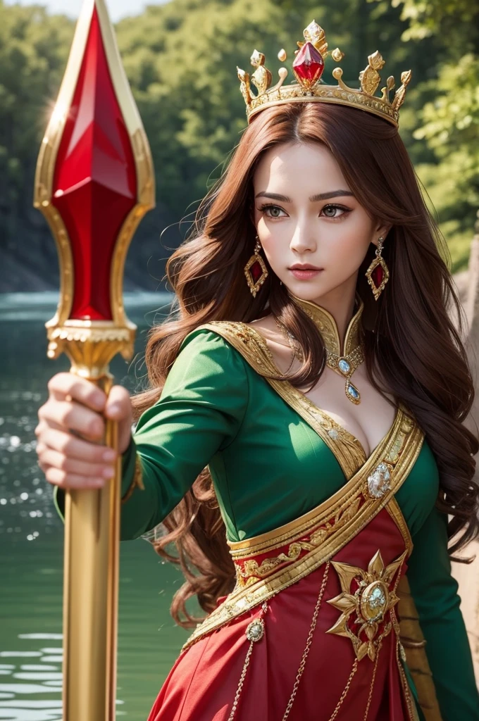 A queen woman dressed in a royal outfit with red with a diamond crown on her head and a gold one in her hand, in the other hand she is holding a red sword, she has long brown hair, her eye is green and she is near a lake