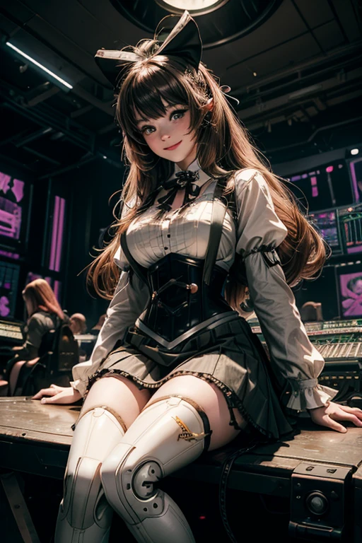 cowboy shot,  smile,  underbust, Penny Polendina, long hair, neck ribbon, suspender skirt, corset, black bow, white blouse, mechanical legs, neon trim, indoors, sitting in cyberpunk music studio, crowd, (crowd wearing military outfits)

