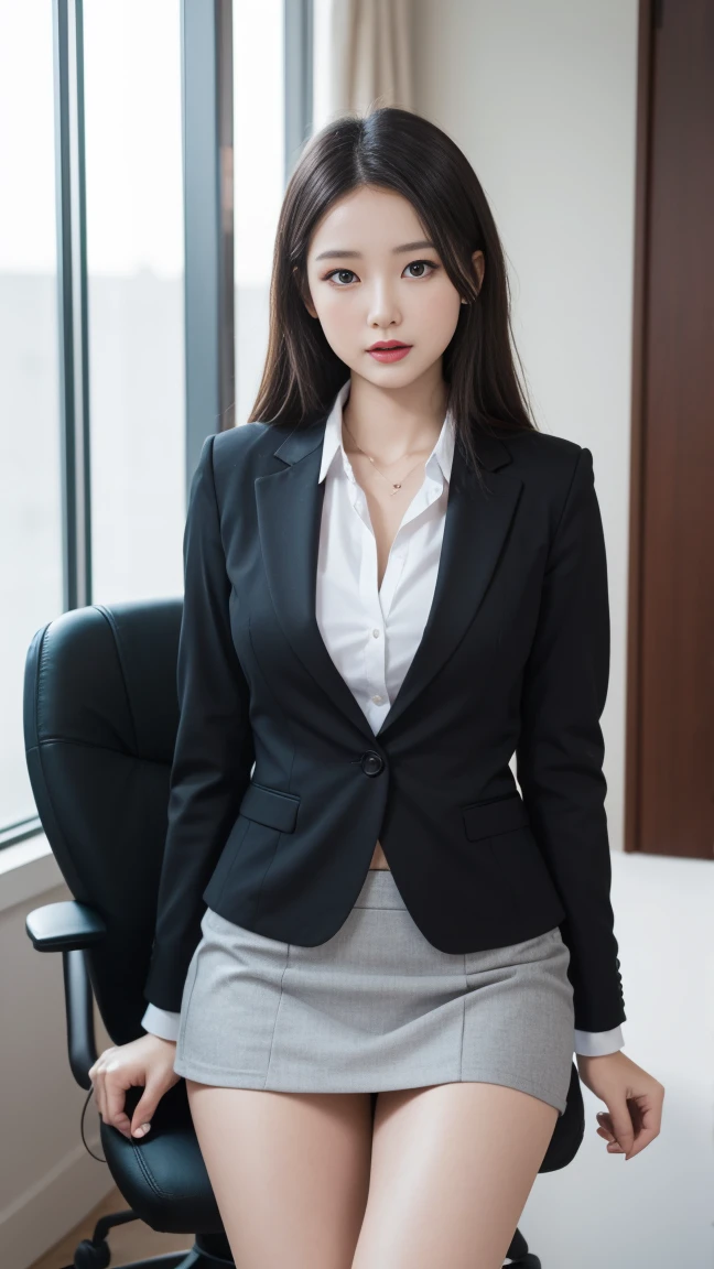 (1womanl), Beautiful, (Best Quality:1.4), (Ultra-detailed), (extremely detailed CG unified 8k wallpaper), Highly detailed, High-definition raw color photos, Professional Photography, Amazing face and eyes, makeup, (amazingly beautiful girl), ((Business Suit)), ((Mini skirt)), (Business shirt with wide open chest:1.3), (Sales Office:1.3), (:1.3), Business Desk, Chair, windows, computers, View from below