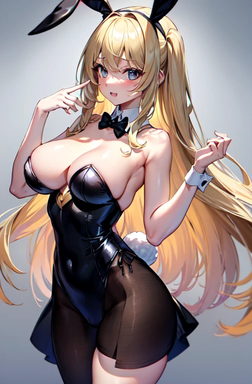 (Five Fingers, Four fingers and a thumb), Super beautiful girl, (masterpieceの顔, masterpieceの目:1.1), (Long blonde hair), break, flat_chest, Huge_chest, wide_Waist, Open your mouth and laugh, Long eyelashes, compensate, break, Bunny girl, Bunny ears, Rabbit's Tail, Patent leather leotard, wrist_cuffs, bow tie, expensive_Heel, break, (Bare arms, Bare shoulders), break, (Large mesh fishnet stockings:1.3), casino, Roulette table, Lots of coins, masterpiece, Highest quality, It captures a very cute moment, Depth of written boundary, Super detailed, ultra expensive resolution, C4D, Octadale, 3D Modeling, 8K, 16K,