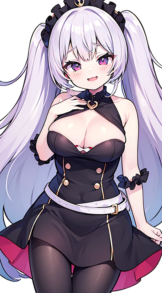 Masterpiece, Top Quality Anime Illustration, Super Detail, One Girl, Solo, Beautiful Girl with Silver Hair, Anime , maid dress, Smile, Thigh Focus, Cleavage Emphasis, (white background),((masterpiece)),long hair,((charming))、happy smile、perfect proportions, cute woman, baby face, BREAK source_anime, high detail, looking at viewer,POV, large chest, best quality, highly detailed, young face,Droopy eyes,relaxed face,