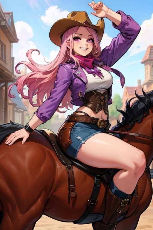 A pink haired female cowgirl with violet eyes with an hourglass figure in a conservative cowgirl outfit is riding a horse with a big smile