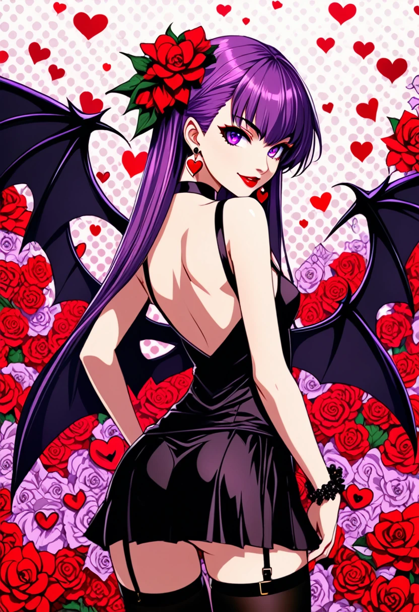 (anime, masterpiece) intricate, summer sea aestetic background, comics_darkstalkers_morrigan_aensland, 1girl, Slender hips, slim stomach, thin waist, sexy posing, back view, aesthetically pleasing rear view, looking at viewer, medium breasts, slim body, violet hair, violet eyes, skimpy black silk dress, long hair, black garter stockings, symmetrical stocking size, very short mini skirt, lingerie, heart shaped earrings, girly decorations, solo, flowers, modest smile, bright red lipstick, painted nails (red), from behind