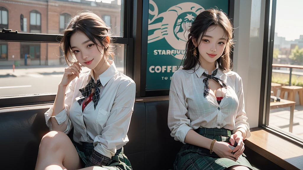 8K、RAW Photos、Highest quality、Super detailed、Super Resolution、Ultra HD、8K壁紙、Amazing details blazer uniform girl ((White blouse with formal collar, A nice red blazer, Black plaid skirt, Red checkered ribbon on blouse)), Complete limbs, Full Finger, 
((((Inside the Starbucks store))))、16 year old female student、(((Eat cake、Drink coffee、smile)))、Heart Necklace、Gold bracelet
((Emphasize cleavage))
((((Woman sitting at the window seat))))
