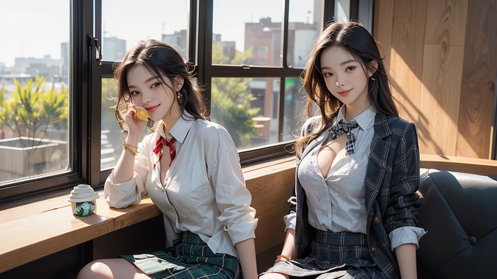 8K、RAW Photos、Highest quality、Super detailed、Super Resolution、Ultra HD、8K壁紙、Amazing details blazer uniform girl ((White blouse with formal collar, A nice red blazer, Black plaid skirt, Red checkered ribbon on blouse)), Complete limbs, Full Finger,
((((Inside the Starbucks store))))、16 year old female student、(((Eat cake、Drink coffee、smile)))、Heart Necklace、Gold bracelet
((Emphasize cleavage))
((((Woman sitting at the window seat))))