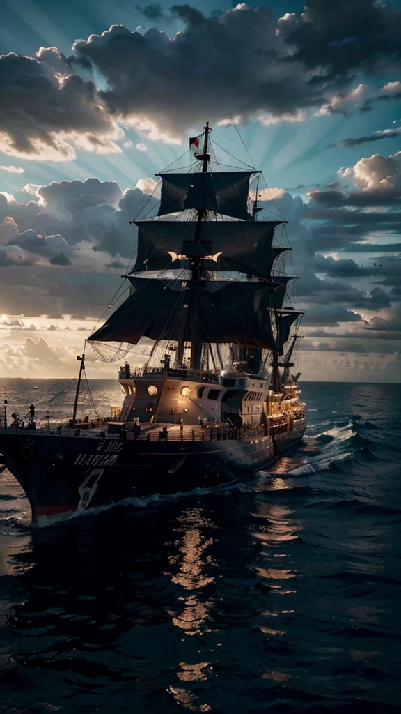 a painting of a ship in the middle of the ocean, a picture, by Francisco Zúñiga, tumblr, romanticism, jesus christ, after the storm, 2024, foto, 32k, UHD, cinematic chromatic, cinematic lighting, global illumination, chromatic light, photorealistic, ultra detailed, iluminación onírica, dramatic, low-key lighting on a mysterious, photorealistic , ultra photoreal , ultra detailed, intricate details. 