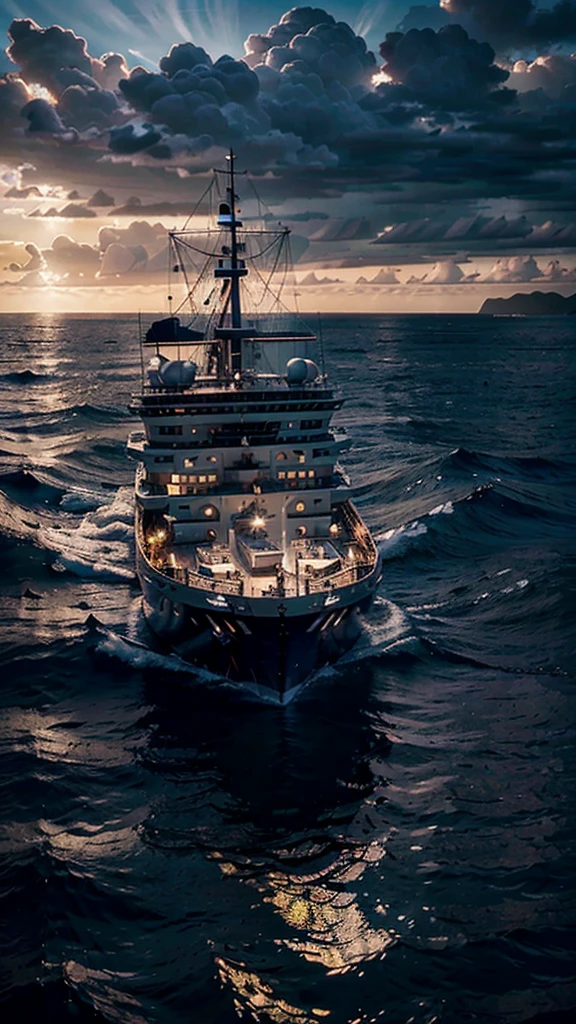 a painting of a ship in the middle of the ocean, a picture, by Francisco Zúñiga, tumblr, romanticism, jesus christ, after the storm, 2024, foto, 32k, UHD, cinematic chromatic, cinematic lighting, global illumination, chromatic light, photorealistic, ultra detailed, iluminación onírica, dramatic, low-key lighting on a mysterious, photorealistic , ultra photoreal , ultra detailed, intricate details. 