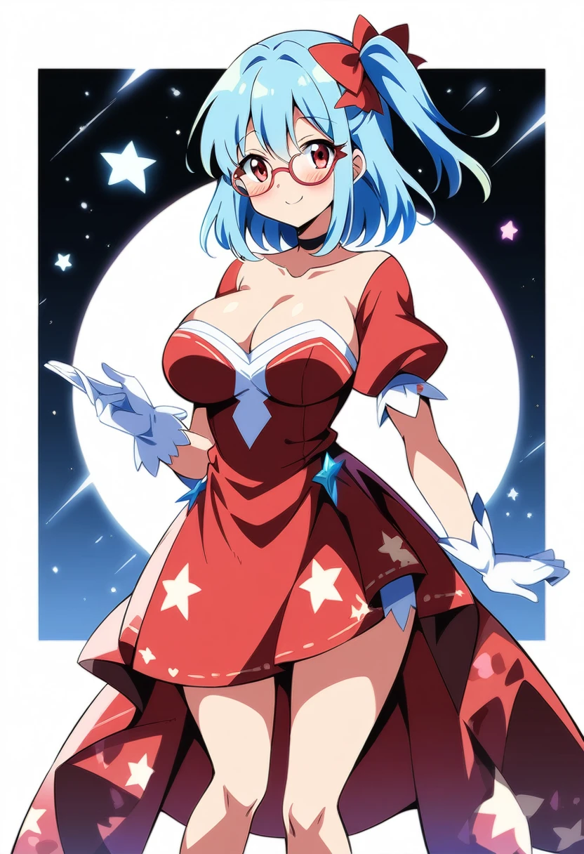 (anime art style), (cartoon), masterpiece, best quality, very aesthetic, absurdres, 1girl, solo, red eyes, light blue hair, medium hair, one side up, bangs, hair between eyes, hair ribbons, red dress, magical girl dress, short sleeves, strapless, choker, white gloves, glasses, white high heels, star symbol on dress, thighs, big breasts, blush, smile, sexy, collarbone, cleavage, ((feet out frame)), (from front), (((white background))), (standing) (looking at viewer:1.0)