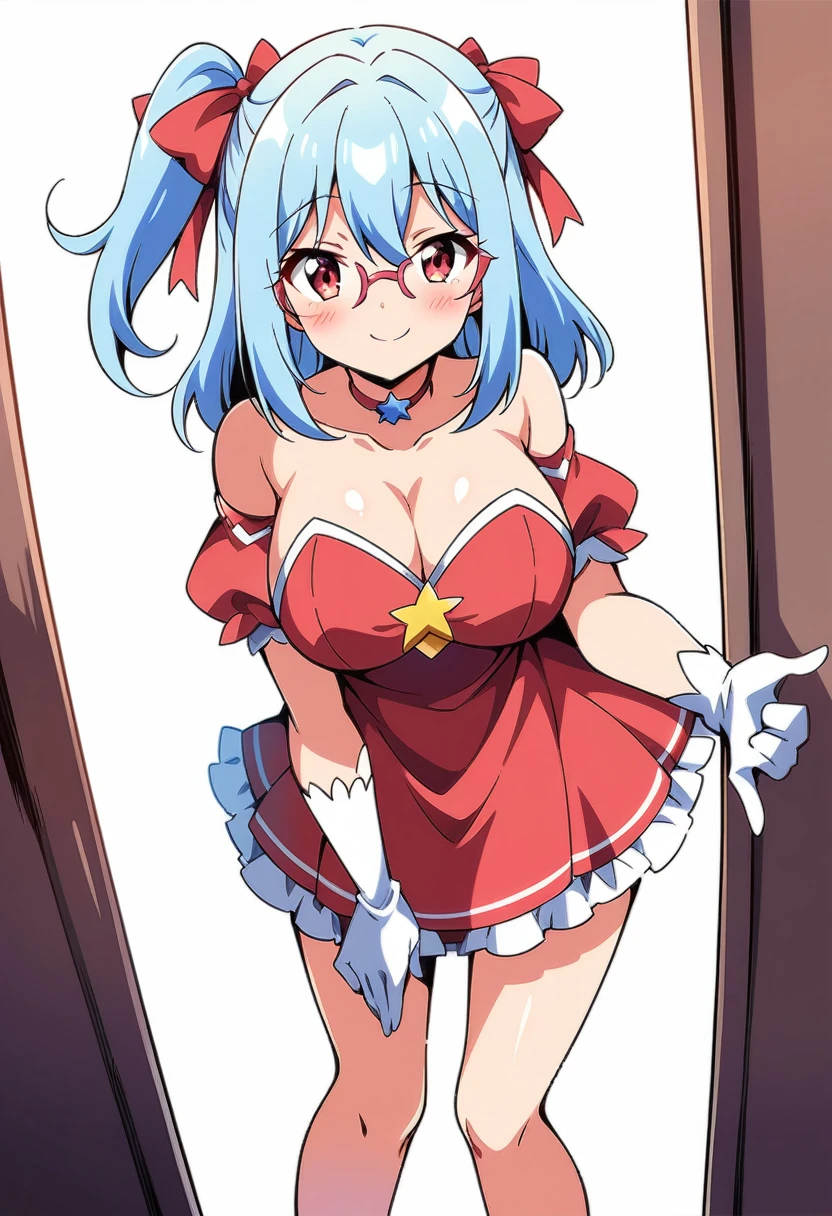 (anime art style), (cartoon), masterpiece, best quality, very aesthetic, absurdres, 1girl, solo, red eyes, light blue hair, medium hair, one side up, bangs, hair between eyes, hair ribbons, red dress, magical girl dress, short sleeves, strapless, choker, white gloves, glasses, white high heels, star symbol on dress, thighs, big breasts, blush, smile, sexy, collarbone, cleavage, ((feet out frame)), (from front), (((white background))), (standing) (looking at viewer:1.0)