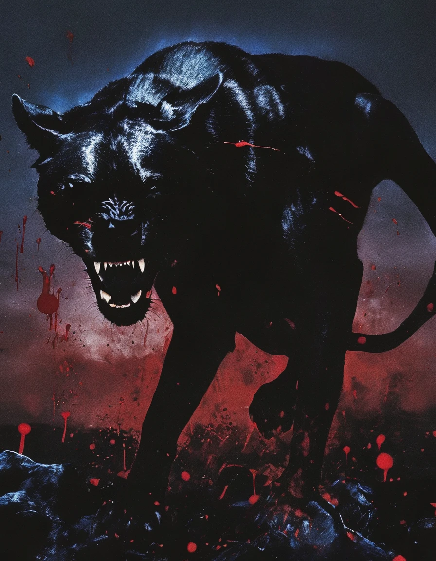 giant black panther jumping on new york street covered in blood at night, night city background