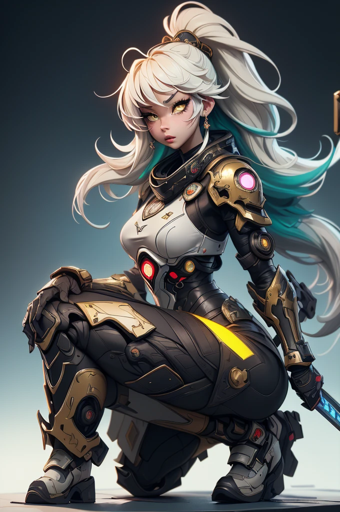 ((Best quality)), ((Masterpiece)), ((Realstic)) and ultra-detailed pchaudography, Tsuande, Pretty Girl Tsuna Jolie fille, cheveux jaune clair, parti, neon light. Elle a ((cheveux blanc)), porte un (Top Tech-Wear) et un (corde noire, motif rouge:1.2) , ((beautiful and aesthetic)), sexy, gros seins, chaud, grosse poitrine, Eigaka E6 Hyperrealistic version of a woman kneeling down with a sword in her hand, very beautiful cyberpunk samurai, anime cyberpunk art, cyberpunk samurai, cyberpunk anime art, anime cyberpunk, cgsociety 9, digital cyberpunk anime art, style of maciej kuciara.1girl, samurai armor, helmet oni evil mask,intricate, ornaments detailed, cold colors, metal, egypician detail, highly intricate details, realistic light, trending on cgsociety, glowing eyes, facing camera, neon details, ultra realistic details, portrait full body, japanese atmosphere, global illumination, shadows, octane render, 8k, ultra sharp.cool ta.Cyberpunk city background,