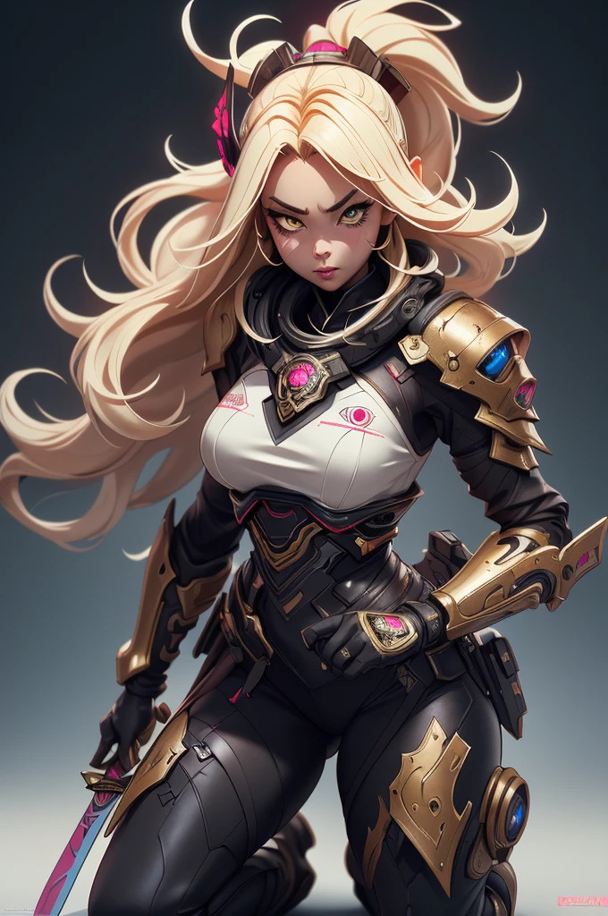 ((Best quality)), ((Masterpiece)), ((Realstic)) and ultra-detailed pchaudography, Tsuande, Pretty Girl Tsuna Jolie fille, cheveux jaune clair, parti, neon light. Elle a ((cheveux blanc)), porte un (Top Tech-Wear) et un (corde noire, motif rouge:1.2) , ((beautiful and aesthetic)), sexy, gros seins, chaud, grosse poitrine, Eigaka E6 Hyperrealistic version of a woman kneeling down with a sword in her hand, very beautiful cyberpunk samurai, anime cyberpunk art, cyberpunk samurai, cyberpunk anime art, anime cyberpunk, cgsociety 9, digital cyberpunk anime art, style of maciej kuciara.1girl, samurai armor, helmet oni evil mask,intricate, ornaments detailed, cold colors, metal, egypician detail, highly intricate details, realistic light, trending on cgsociety, glowing eyes, facing camera, neon details, ultra realistic details, portrait full body, japanese atmosphere, global illumination, shadows, octane render, 8k, ultra sharp.cool ta.Cyberpunk city background,