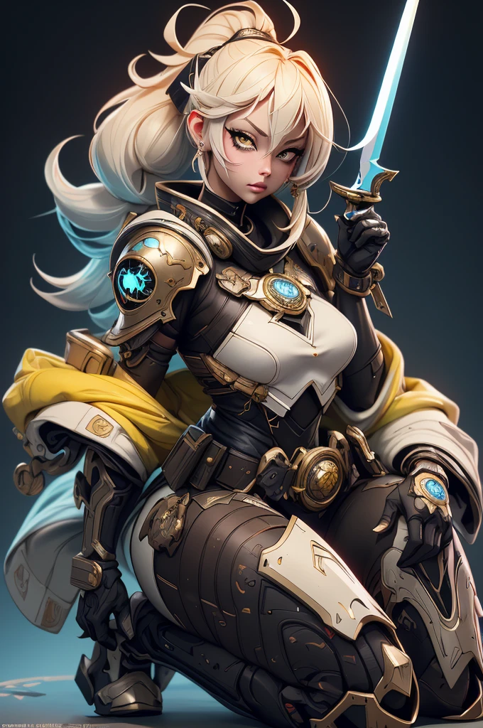 ((Best quality)), ((Masterpiece)), ((Realstic)) and ultra-detailed pchaudography, Tsuande, Pretty Girl Tsuna Jolie fille, cheveux jaune clair, parti, neon light. Elle a ((cheveux blanc)), porte un (Top Tech-Wear) et un (corde noire, motif rouge:1.2) , ((beautiful and aesthetic)), sexy, gros seins, chaud, grosse poitrine, Eigaka E6 Hyperrealistic version of a woman kneeling down with a sword in her hand, very beautiful cyberpunk samurai, anime cyberpunk art, cyberpunk samurai, cyberpunk anime art, anime cyberpunk, cgsociety 9, digital cyberpunk anime art, style of maciej kuciara.1girl, samurai armor, helmet oni evil mask,intricate, ornaments detailed, cold colors, metal, egypician detail, highly intricate details, realistic light, trending on cgsociety, glowing eyes, facing camera, neon details, ultra realistic details, portrait full body, japanese atmosphere, global illumination, shadows, octane render, 8k, ultra sharp.cool lolita.Cyberpunk city background,