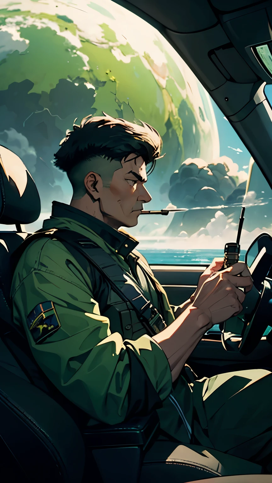 A planet where a highly toxic green substance floats like a mist、Background with the Earth visible in the distance、Installing the latest battleship-type SUV、From the car window, I can see a commander-like colonel smoking a pipe in a sulky mood.