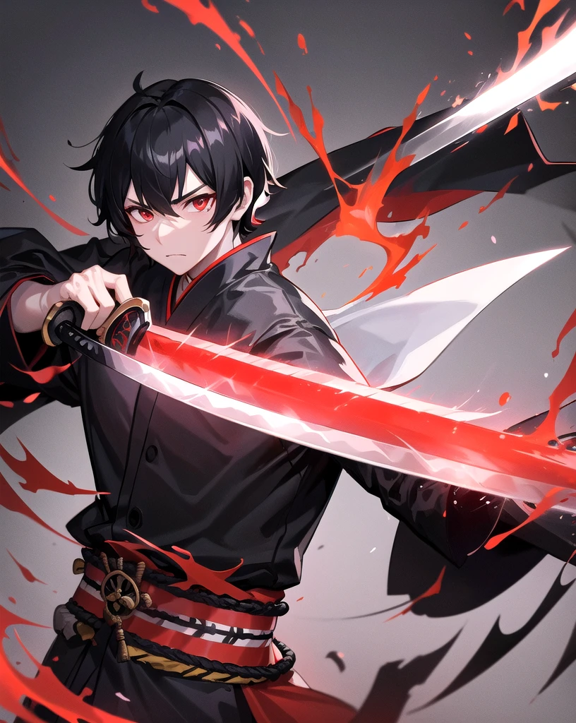 Black Hair、male、Red kimono、samurai、He is slashing at the camera with a sword、Black aura on the sword