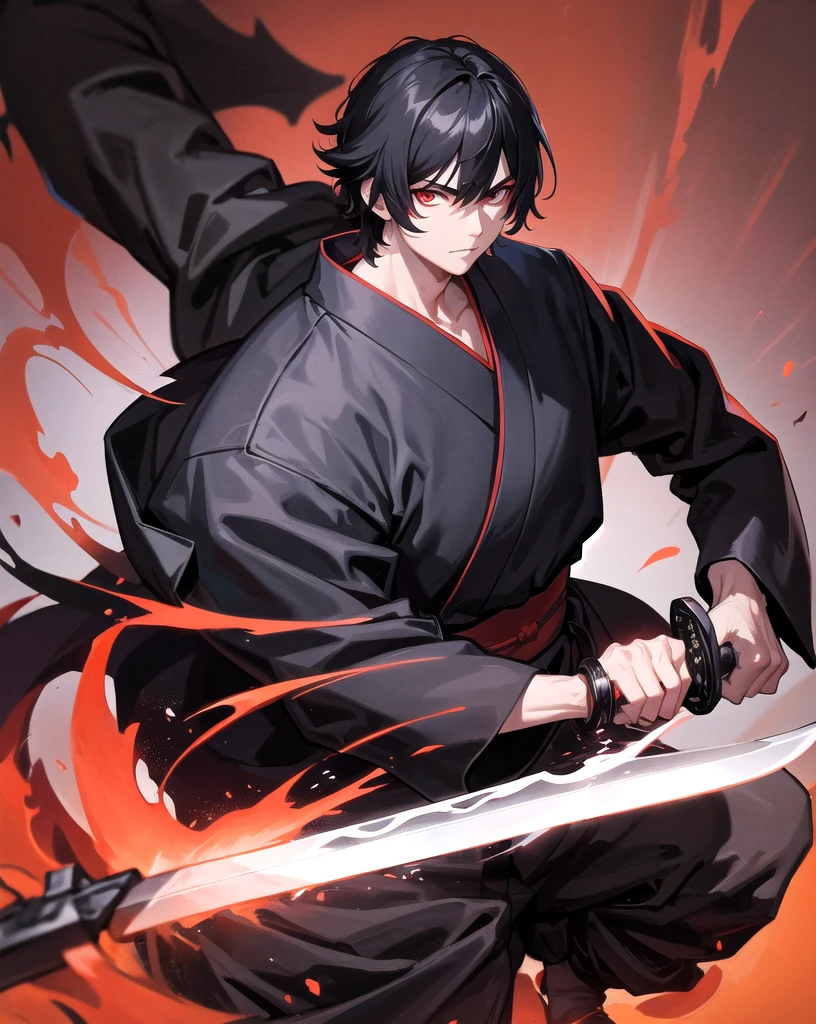 Black Hair、male、Red kimono、samurai、He is slashing at the camera with a sword、Black aura on the sword