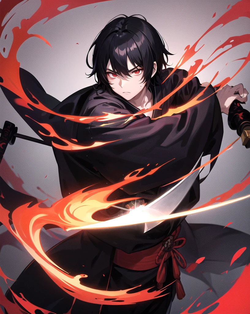 Black Hair、male、Red kimono、samurai、He is slashing at the camera with a sword、Black aura on the sword