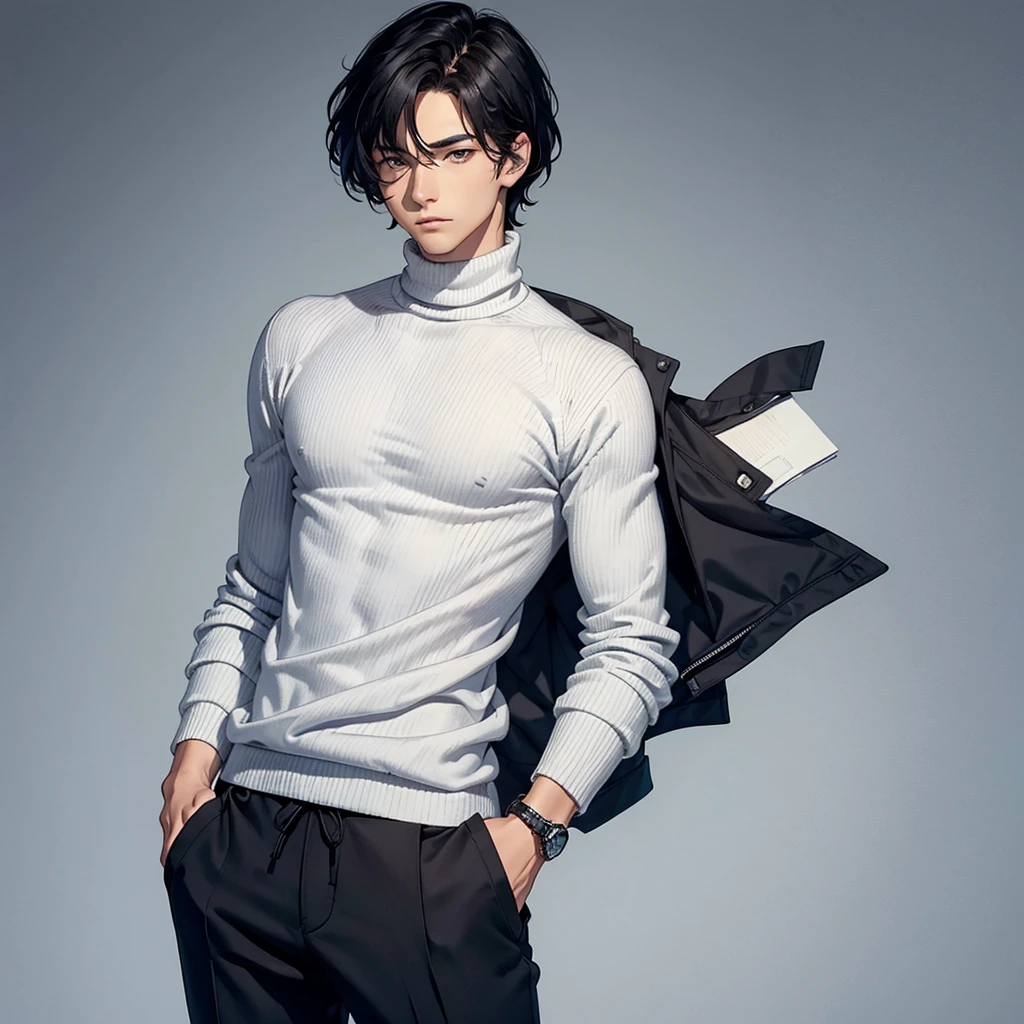 Young man, manwha style, short wavy black hair, gray eyes, wearing a white turtleneck sweater. The sweater has a ribbed fabric and fits perfectly to the torso. The high neck folds over itself and adds texture to the outfit. Additionally, he wears black pants with a relaxed fit and pleats in the front. The pants have a visible button closure and, depending on the position of your hands, may have side pockets. One of his hands is inside a pocket, pushing lightly on the fabric to create more space. You can also see an accessory: a silver bracelet on the wrist, in the foreground.