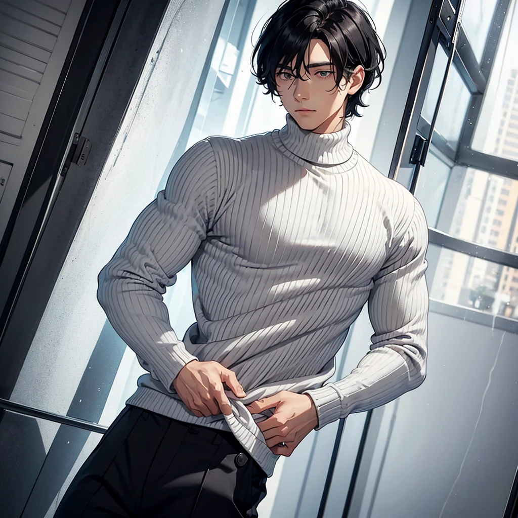 Young man, manwha style, short wavy black hair, gray eyes, wearing a white turtleneck sweater. The sweater has a ribbed fabric and fits perfectly to the torso. The high neck folds over itself and adds texture to the outfit. Additionally, he wears black pants with a relaxed fit and pleats in the front. The pants have a visible button closure and, depending on the position of your hands, may have side pockets. One of his hands is inside a pocket, pushing lightly on the fabric to create more space. You can also see an accessory: a silver bracelet on the wrist, in the foreground.