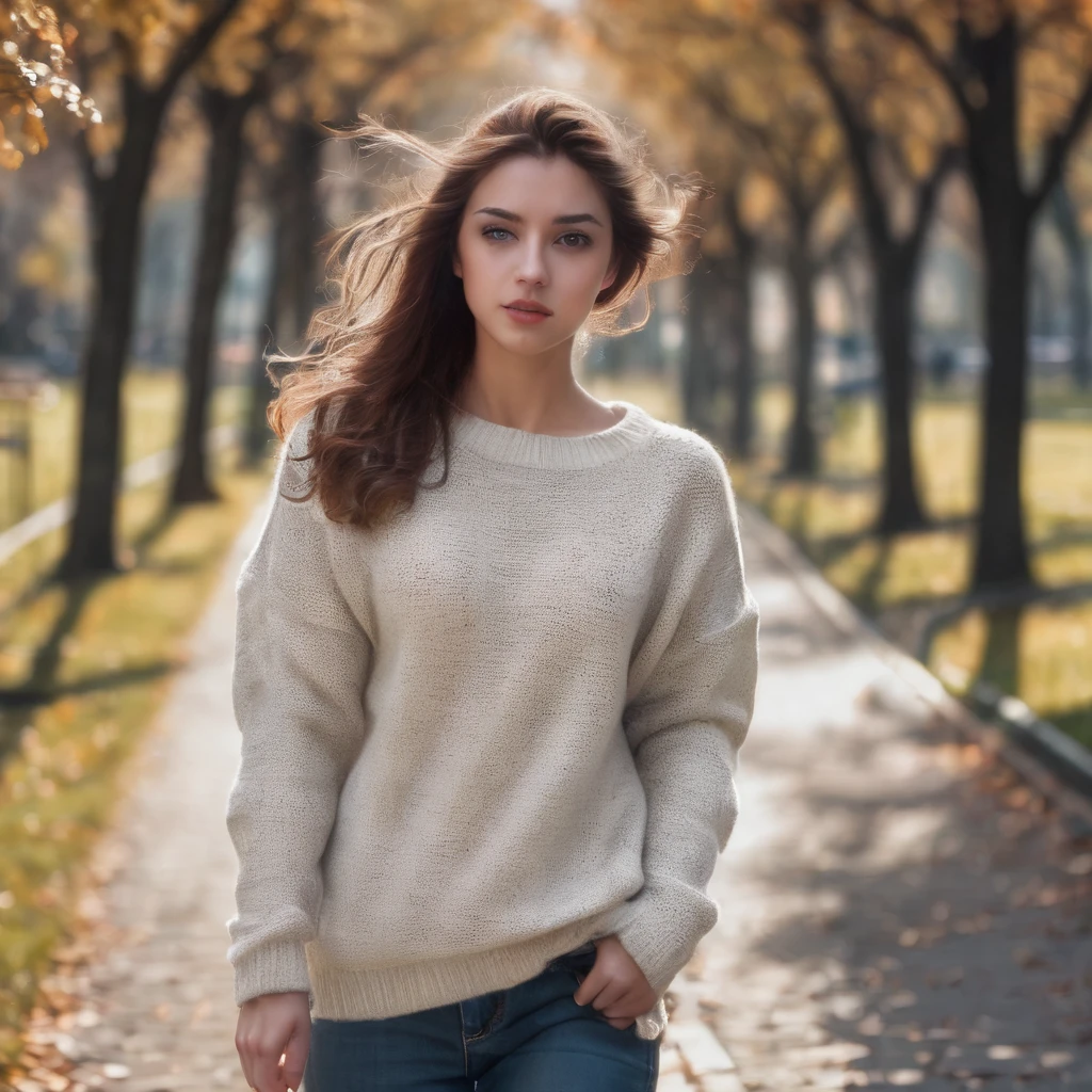 Scarlet woman wearing a sweater, hair blowing in the wind, jeans, outside, park , portrait, beautiful bone structure, (realistic, photo-realistic:1.37), ultra high res, ultra-detailed, incredibly beautiful girl, 8k uhd, dslr, soft lighting, high quality, film grain, Fujifilm XT3